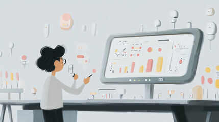 A young woman in a white shirt and black pants stands in front of a large computer monitor, writing on the screen. The monitor displays colorful graphs and charts