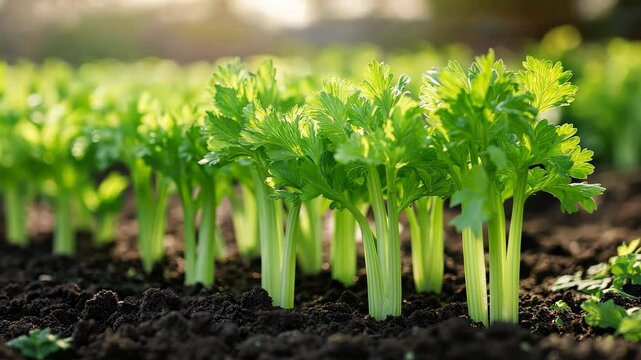 Growing fresh celery in a sunny garden setting during the afternoon hours in early spring