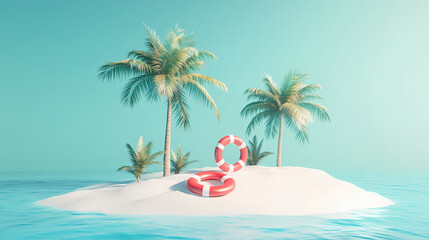 Obraz premium Island Paradise: A miniature island scene evokes the feel of summer holiday. palm trees, life buoys and sandy beaches give a sense of vacation.