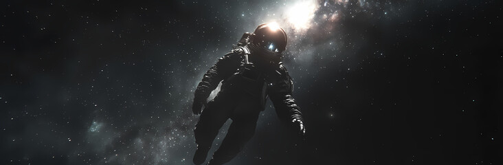 Fototapeta premium Cosmic Explorer: An astronaut embarks on a solitary voyage through the endless expanse of the cosmos, the vast and awe-inspiring space illuminated by distant galaxies and celestial bodies.