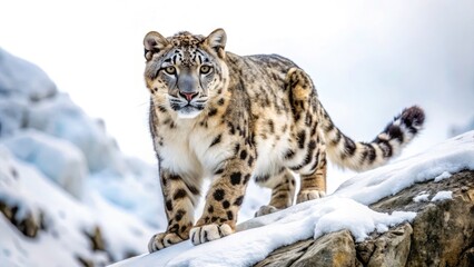 Fototapeta premium Majestic Snow Leopard Silhouette: Wild Mountain Cat, Elegant Predator, Winter Wilderness