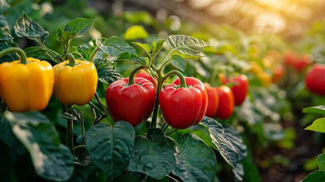Colorful bell peppers growing in a vibrant garden during golden hour in summer