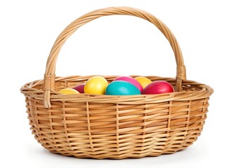 Fototapeta premium Easter Basket Filled with Colorful Easter Eggs Isolated on White Background – Festive Holiday Decoration, Easter basket filled with Easter Eggs in isolated on a white background
