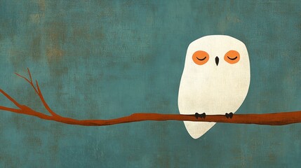 Snowy owl perched, branch, teal background, sleep