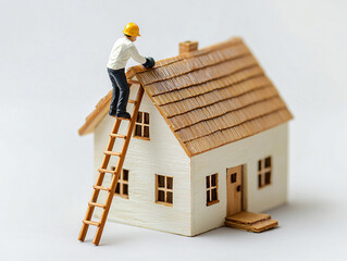 Wooden mannequin miniature figure climbing ladder painting house roof tiny construction repair model white background do it yourself project home improvement maintenance building worker buy rent loan