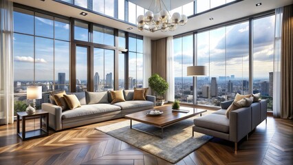 Fototapeta premium Luxurious Modern Condo Interior Design, Stunning City View, Low Light Photography