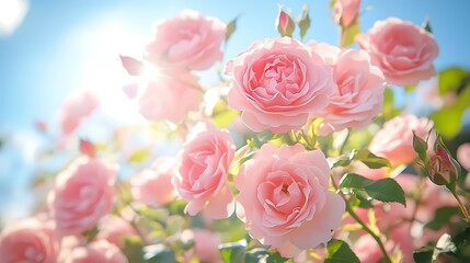 太陽光とピンクのバラ