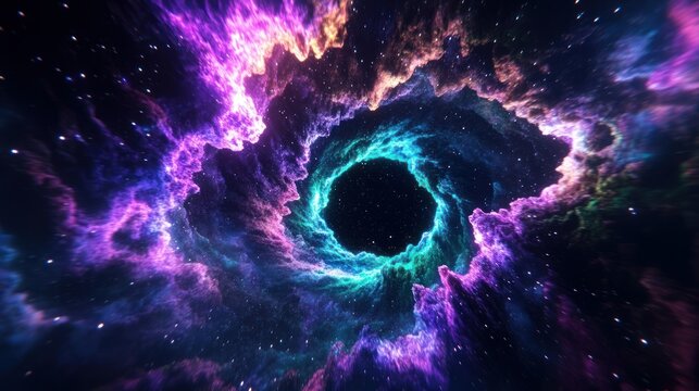 wormhole gate glowing with energy radiating vibrant colors of purple, blue, and green against the backdrop of star-studded darkness of space