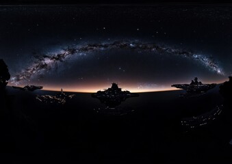 fleet of generation ships in deep space helmed by large-scale AI, their shapes silhouetted against a distant galaxy, shot with a 360-degree camera using a panoramic lens --v 6.1 --ar 7:5