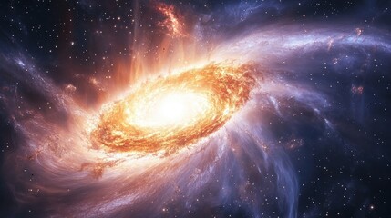 Obraz premium galaxy transforming after a merger depicting explosive energy emissions, swirling dust clouds, and colliding celestial bodies