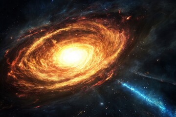 collapsing galaxy core forming a black hole engulfed by a luminous accretion disk and beams of energy shooting out