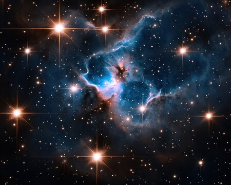 stellar nursery with newborn stars, showing swirling gases in radiant hues of blue and pink, celestial bodies enveloped in incandescent dust clouds