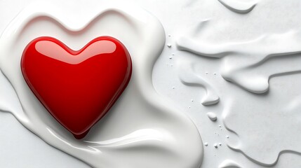 A red heart rests in a creamy white substance with texture