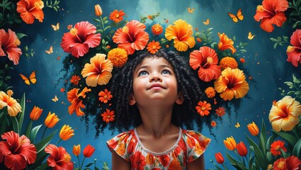Enchanting Mural of a Little Girl Surrounded by Flowers