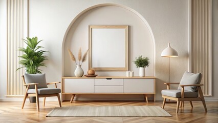 Modern White Room Arch Interior Wooden Furniture Food Photography Mockup Horizontal Frame 3D Render