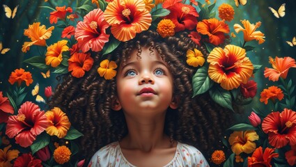 Enchanting Mural of a Girl Surrounded by Flowers