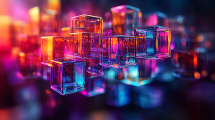 Neon Cubes: Abstract 3D Digital Art, Geometric Background
