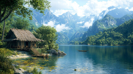 Obraz premium Mountain Lake Cabin: Serene Escape in Nature