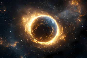 Naklejka premium Celestial Inferno: A mesmerizing view of a celestial body engulfed in flames. This cosmic event against the backdrop of stars. Witness the fiery beauty of the universe.