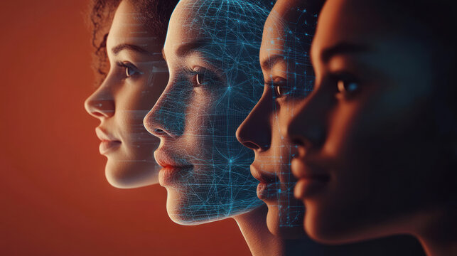 four female faces in profile, arranged in a line. One of the faces is covered with a digital grid with blue lines and nodes, simulating a 3D model or neural network structure.  