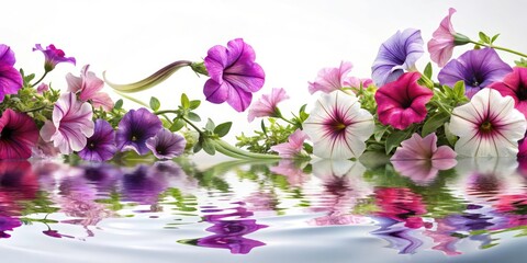 Fototapeta premium Overhead Perspective of Petunia Waves on a Flat Lay White Background with Glass Reflection Effect for Design Elements