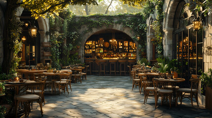 Cozy Cafe Interior with Rustic Style and Greenery in a Historic Urban Patio Setting