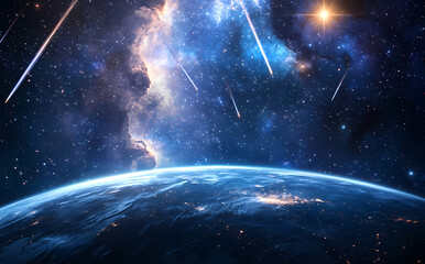 Obraz premium Celestial Spectacle: An awe-inspiring depiction of Earth, seen from the vastness of space, adorned with a vibrant array of nebulae, twinkling stars, and captivating meteor showers.