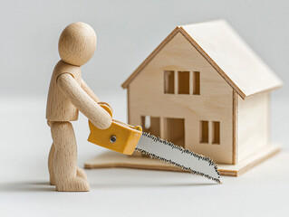 Wooden mannequin miniature carpentry construction activity toolwork tiny saw woodworking lumber material architectural model human figure craftsmanship detail indoor workspace project advertising diy