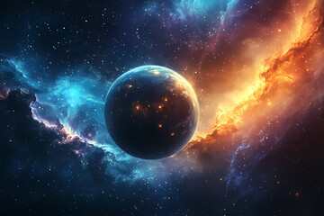 Obraz premium Celestial Sphere: A mesmerizing depiction of a distant planet amidst a vibrant nebula, capturing the mystery and beauty of the cosmos.