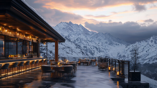 Luxury Mountain Lodge Dining Experience: Scenic Sunset Views in Elegant Alpine Architecture