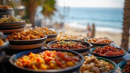 Fototapeta premium Delicious Cuisine Buffet at Beach: Selective Focus Dishes 