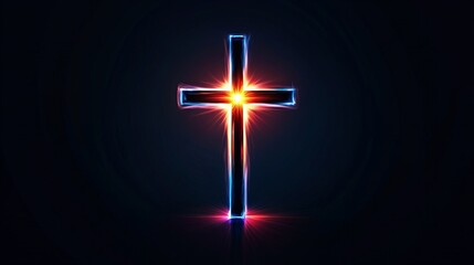 Radiant cross emits bright light against a dark background, showcasing vibrant blues and reds around its form.