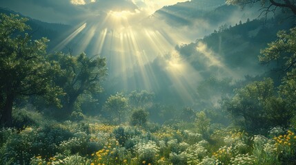 Obraz premium Sunbeams pierce misty mountain valley, wildflowers abound