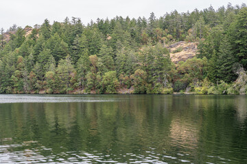 Thetis lake at Thetis Lake Regional Park calm water and overcast day