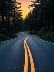 Naklejka premium Winding Road Sunset Forest Path