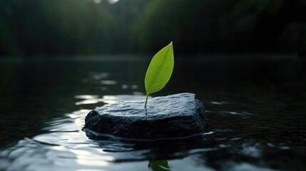 A single, vibrant green leaf sprouts from a dark stone resting on calm water.  Nature's renewal in a tranquil setting
