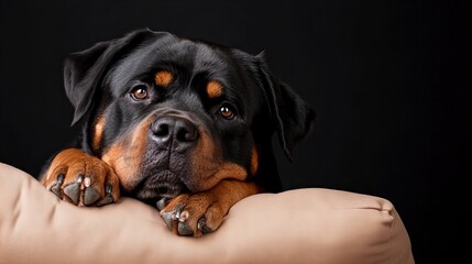 Fototapeta premium Rottweiler rests paws on beige cushion against a plain dark background, appearing calm and focused.