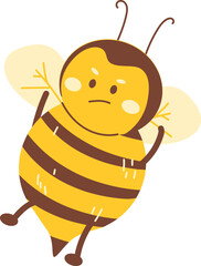 A cute sad cartoon bee with striped yellow and brown body raising its arms