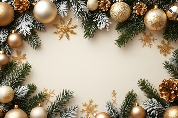 Christmas border with fir branches, gold ornaments, and snowflakes on a beige background design banner with a copy space area,


