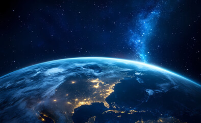Obraz premium Earth's Vantage: A breathtaking view of Earth from space reveals the majestic continents, the soft glow of city lights, and the infinite expanse of the universe. A visual symphony of cosmic beauty.