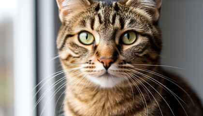 Close-Up Portrait of Brown Tabby Cat with Green Eyes