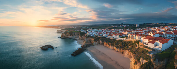 Fototapeta premium Coastal Town at Sunset: A picturesque coastal town nestled along the vibrant, rugged coastline at sunset, with a dramatic sky, sea, and charming houses.