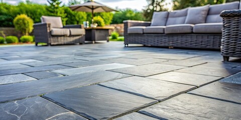 Night Slate Patio, Backyard Stones, Shallow Depth of Field, Dark Gray Paving, Outdoor Night Photography