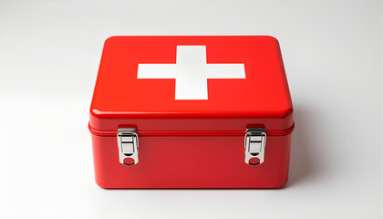 Obraz premium Red First Aid Kit with White Cross on White