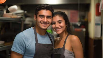 Happy young couple in casual clothing posing in kitchen with aprons and smiling warmly