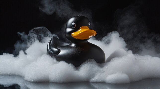 A black rubber duck surrounded by bubbles and mist in a playful setting