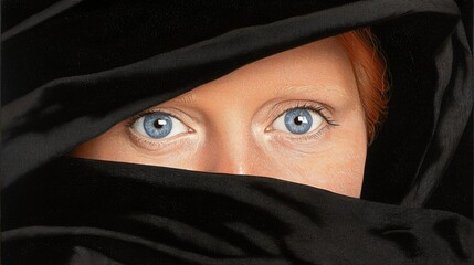 Naklejka premium Intense gaze of a woman with striking blue eyes partially covered by fabric