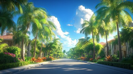 Fototapeta premium A sunny street lined with tall green palm trees