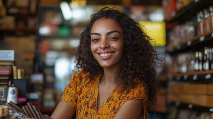 Happy young woman in yellow dress selling cigars in traditional tobacco shop
