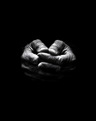 Black-and-white close-up of elderly and younger hands clasping, symbolic emotional bond, textured skin, generational connection, contrast shot